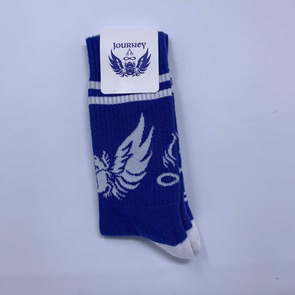 Journey Unisex OS Blue White Winged Scarab Logo Cotton Crew Socks NWT